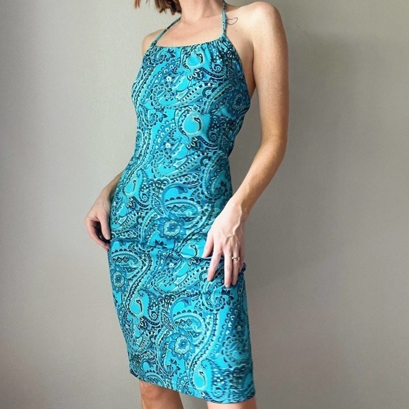 Vintage Dresses & Skirts - Vintage Y2K Blue Paisley Halter Midi Fitted Stretch Slip Dress
